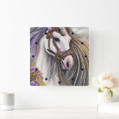 Wunderschönes Weiße Pferd mit Lila und goldenen Ak Quadratische Wanduhr (Zuhause)