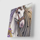 Wunderschönes Weiße Pferd mit Lila und goldenen Ak Quadratische Wanduhr (Winkel)