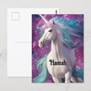 Wunderschönes weißes Einhorn mit Türkis und Lila Postkarte
