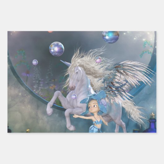 Wunderschönes weißes Einhorn mit wenig Fee Geschenkpapier Set (Vorderseite 2)