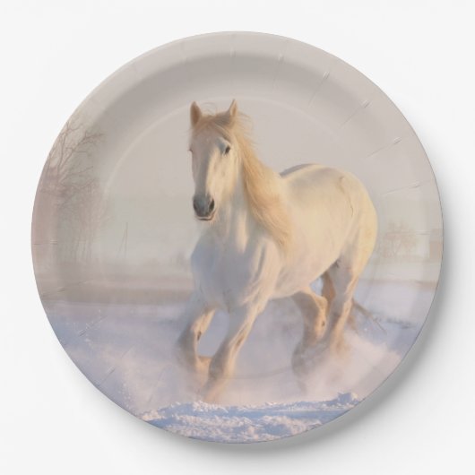 Wunderschönes weißes Pferd im Schnee Pappteller (Vorderseite)