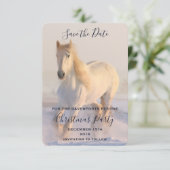 Wunderschönes weißes Pferd im Schnee Save The Date (Stehend Vorderseite)