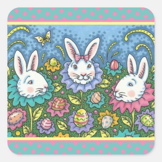 WUNSCH EASTER EGG GARTEN, BUNNY RABBIT BLUME QUADRATISCHER AUFKLEBER (Vorderseite)