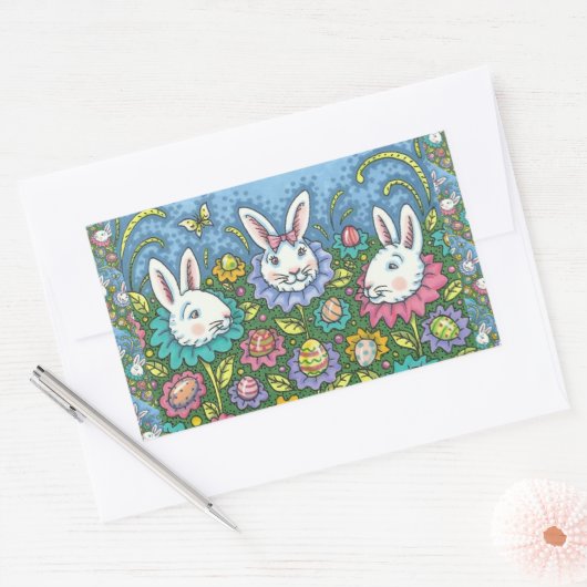 WUNSCH EASTER EGG GARTEN, BUNNY RABBIT BLUME RECHTECKIGER AUFKLEBER (Umschlag)