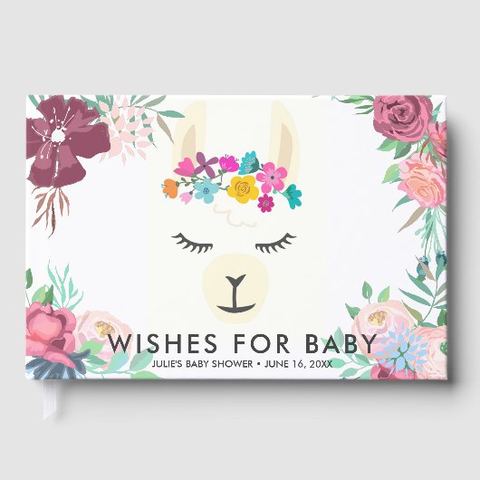 Wünsche für Baby | Floral Llama Baby Dusche Gästebuch (Vorderseite)