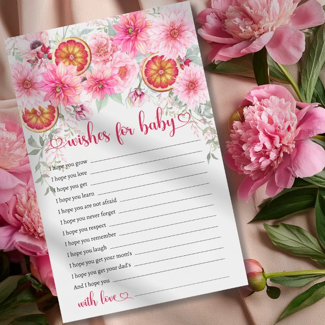Wünsche nach Baby Citrus Pink Baby Duschgame (Wishes for baby citrus with pink watercolor flowers baby shower game, girl baby shower,)