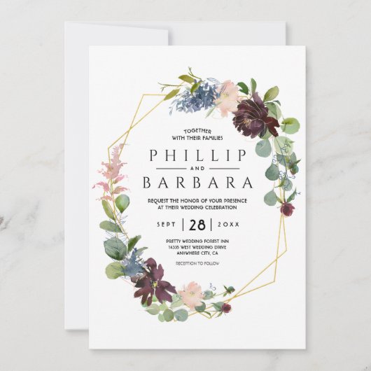 Wünschenswert Bordo Blue Watercolor Blume Einladung (Vorderseite)