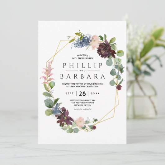 Wünschenswert Bordo Blue Watercolor Blume Einladung (Stehend Vorderseite)