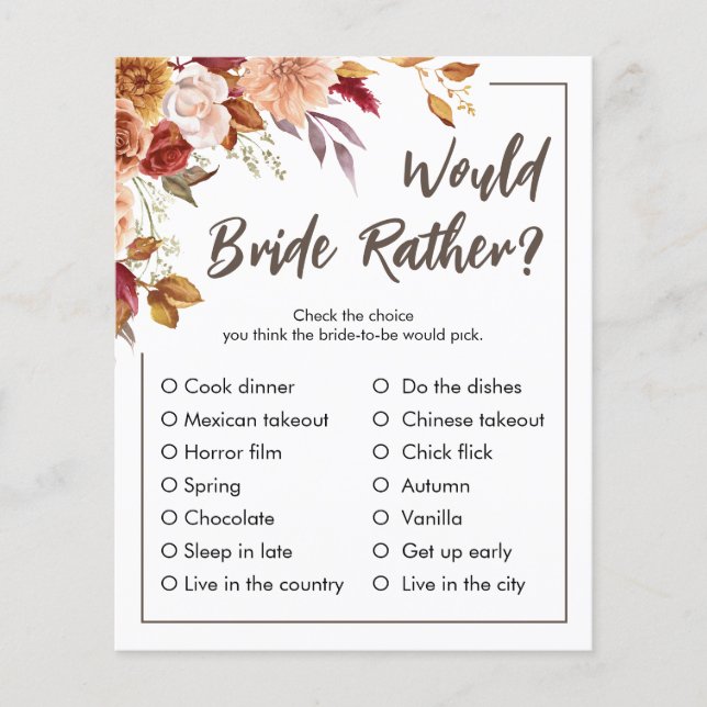 Würde Bride eher | Fall Brautparty Game (Vorderseite)