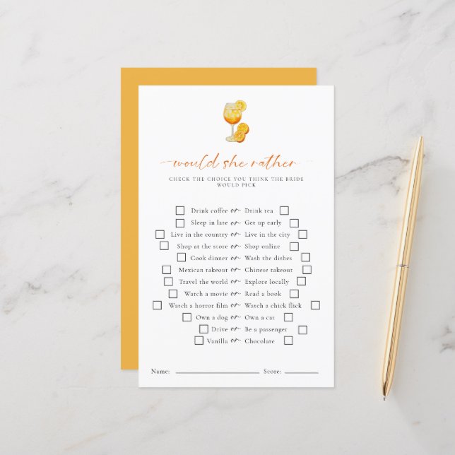 Würde sie eher Aperol Spritz Brautparty Game (Vorderseite/Rückseite Beispiel)