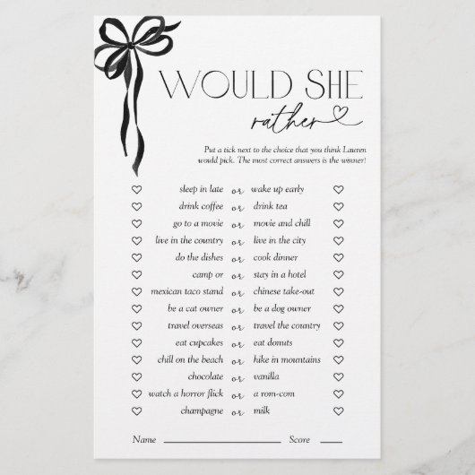 Würde sie eher Black Bow Brautparty Game (Vorderseite)