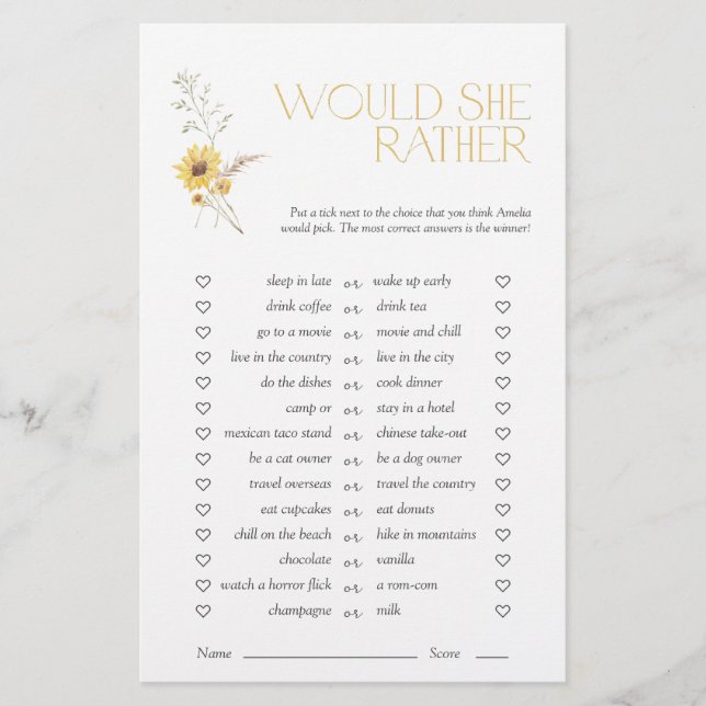 Würde sie eher Boho Sonnenblumen Brautparty Game (Vorderseite)