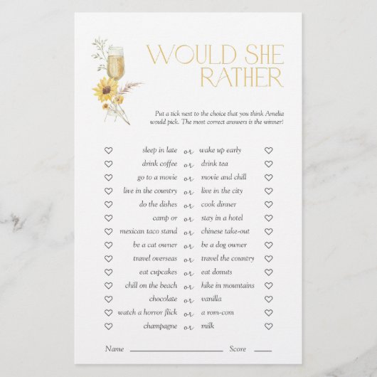 Würde sie eher Boho Sonnenblumen Brautparty Game (Vorderseite)