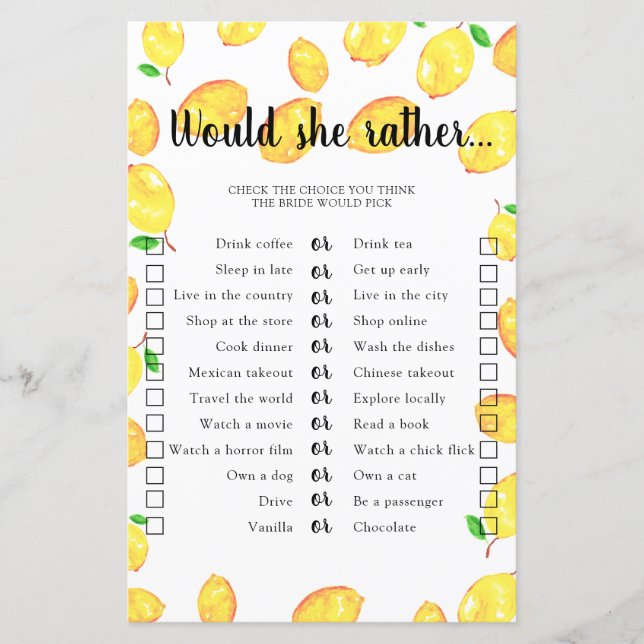 Würde sie eher Brautparty Game Lemon (Vorderseite)