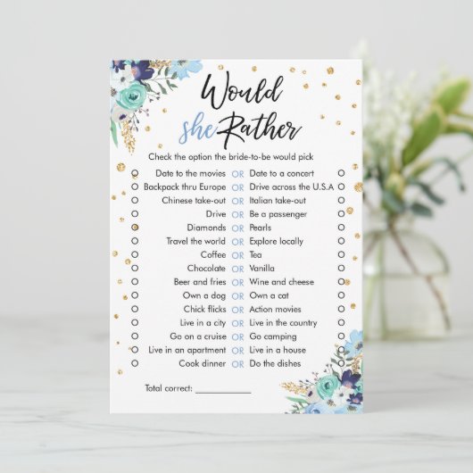 Würde sie eher Brautparty Game Travel Blue Einladung (Stehend Vorderseite)