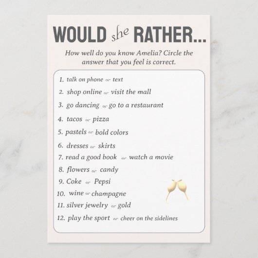 Würde sie eher? Brautparty-Spiel mit Foto Hinweiskarte (Vorderseite)