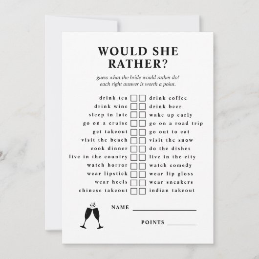 Würde sie eher Champagner Brautparty Game Einladung (Vorderseite)