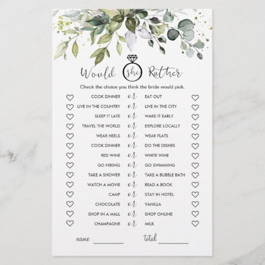 Würde sie eher Eukalyptus-Brautparty-Spiel (Vorderseite)