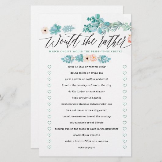 Würde sie eher Floral Boho Brautparty Game (Vorne/Hinten)