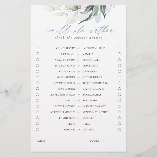 Würde sie eher Greenery Blätter Bridal Game (Vorderseite)