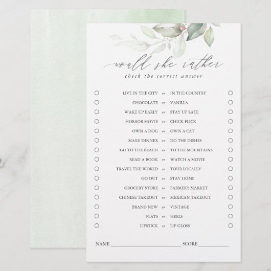 Würde sie eher Greenery Blätter Bridal Game (Vorne/Hinten)