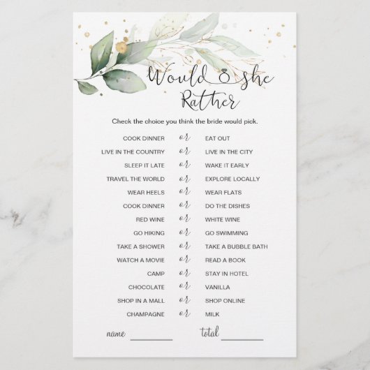 Würde sie eher Greenery Brautparty Game (Vorderseite)