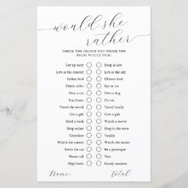 Würde sie eher Kalligrafie-Brautparty-Spiel