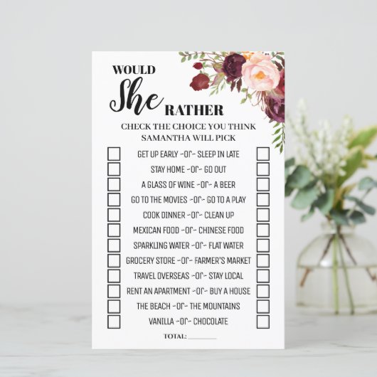 Würde sie eher Marsala Brautparty Game (Stehend Vorderseite)