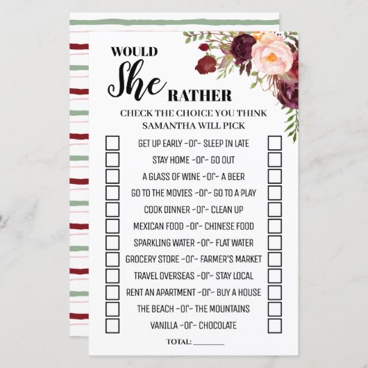 Würde sie eher Marsala Brautparty Game (Vorne/Hinten)