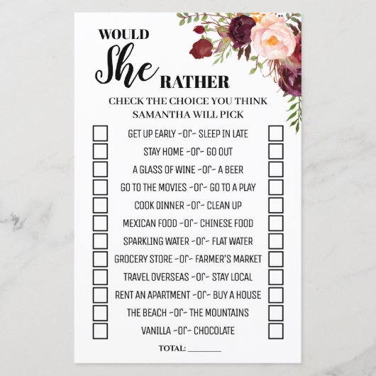 Würde sie eher Marsala Brautparty Game (Vorderseite)