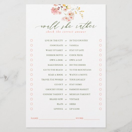 Würde sie eher Niedliche Wildblumen Bridal Game (Vorderseite)