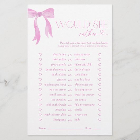Würde sie eher Pink Bow Brautparty Game (Vorderseite)