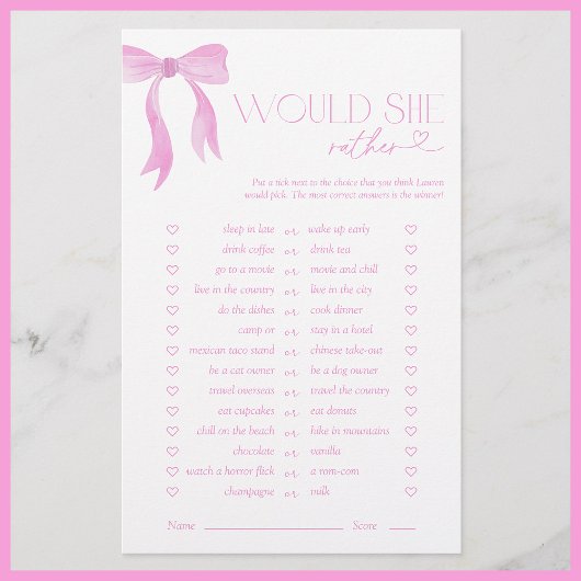 Würde sie eher Pink Bow Brautparty Game