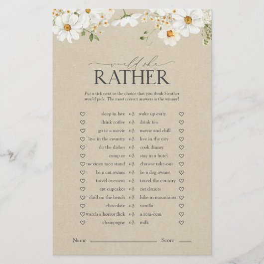 Würde sie eher rustikales Daisy Brautparty Game (Vorderseite)