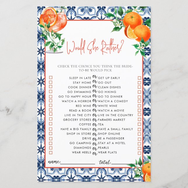 Würde sie eher? Spritz Brautparty Game (Vorderseite)