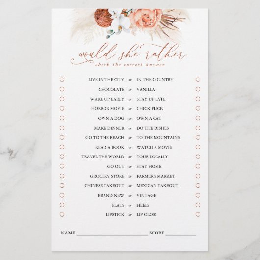 Würde sie eher Terracotta Floral Bridal Game (Vorderseite)