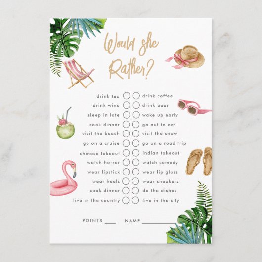 Würde sie eher Tropical Getaway Bachelorette Begleitkarte (Vorderseite)