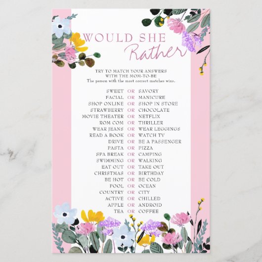 Würde sie eher Wildblume Baby Shower Game (Vorderseite)