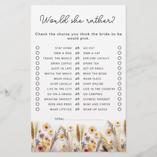 Würde sie eher Wildblume Brautparty Game (Vorderseite)