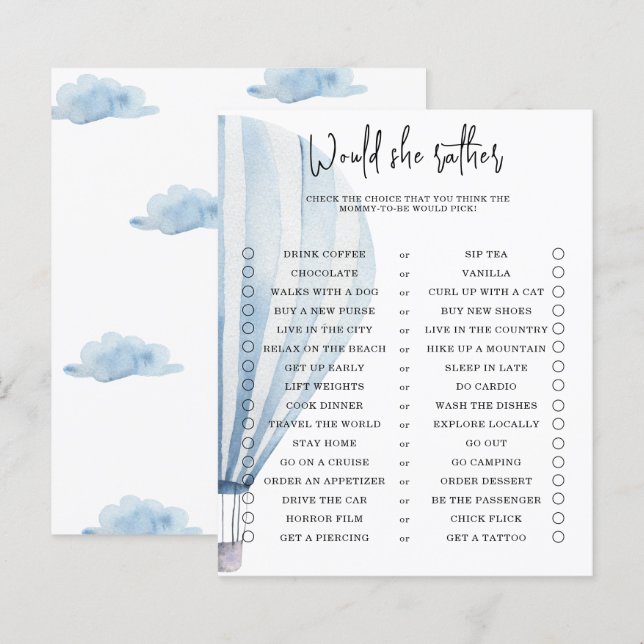 Würde sie lieber, Baby Dusche Spiel (Vorne/Hinten)