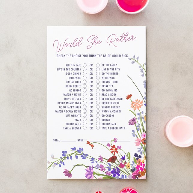 Würde sie lieber Brautparty Wildblumen spielen? (Would she rather wildflowers bridal shower game)