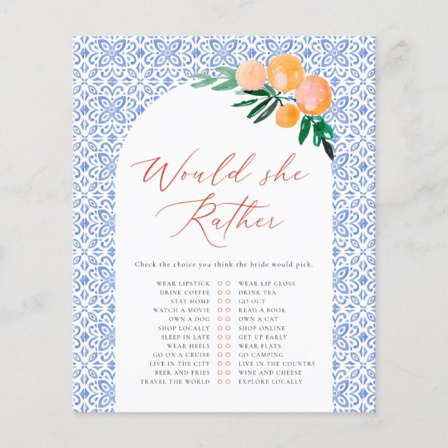 Würde sie lieber Orange Spritz Brautparty Game (Vorderseite)