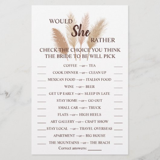 Würde sie lieber Pampas Brautparty Game Card Flyer (Vorne)