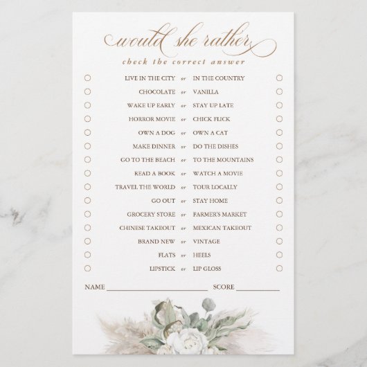 Würde sie lieber Pampas Grass Bridal Spiel (Vorderseite)