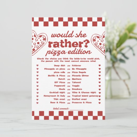 Würde sie lieber Pizza Bachelorette-Spielkarte Einladung (Stehend Vorderseite)