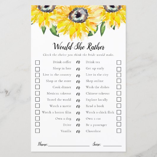 Würde sie lieber Sonnenblumen Brautparty spielen (Vorderseite)