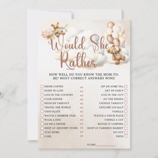 WÜRDE SIE RATHER Baby Shower Game Niedlich Bear in Einladung (Vorderseite)