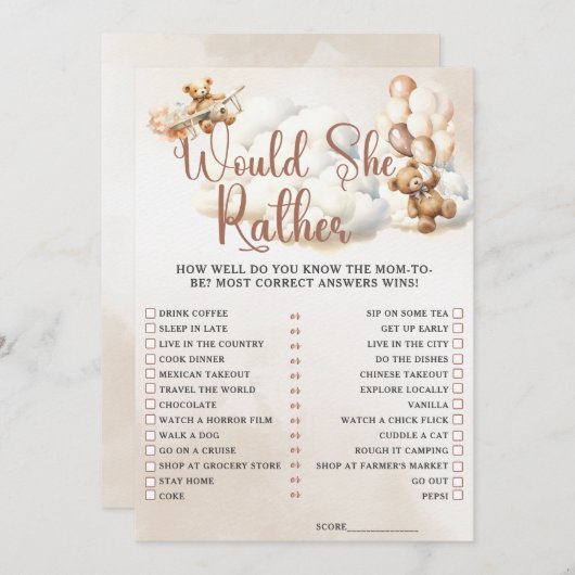 WÜRDE SIE RATHER Baby Shower Game Niedlich Bear in Einladung (Vorne/Hinten)