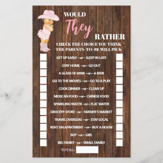 Würden sie eher Cowgirl Baby Showspielkarte Flyer