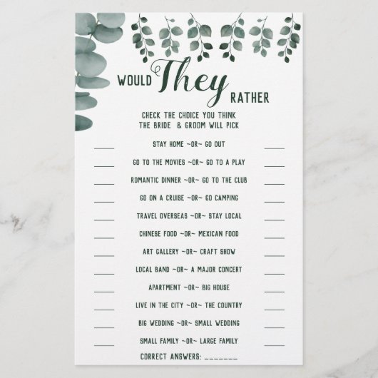 Würden sie eher Eukalyptus-Duschspielkarte Flyer (Vorne)